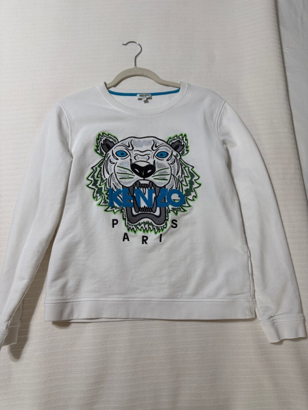 Kenzo White Sweatshirt with Blue & Green Tiger Embroidery